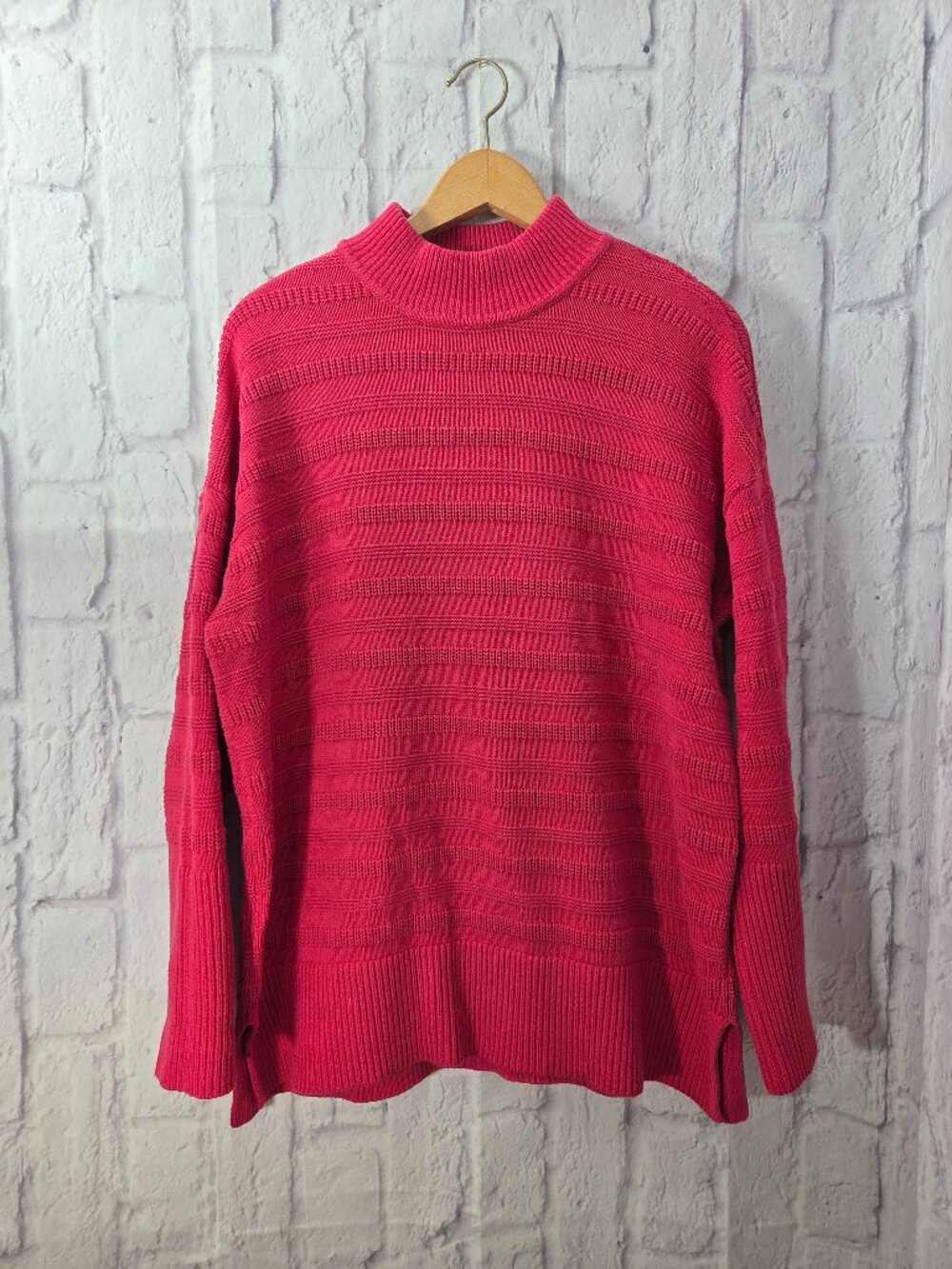 Loft Large Red Textured Knit Mock Neck Cozy Winter Classic Holiday Tunic Sweater